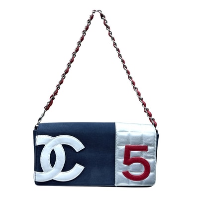 CHANEL 希少 シャネル NO.5 アイコン チョコバー ショルダーバッグ 7番台シリアル キャンバス レザー ネイビー ホワイト ワンショルダー セミショルダー ヴィンテージ アンティーク ココマーク レディース Bランク 鑑定済 中古 シャネルバッグ