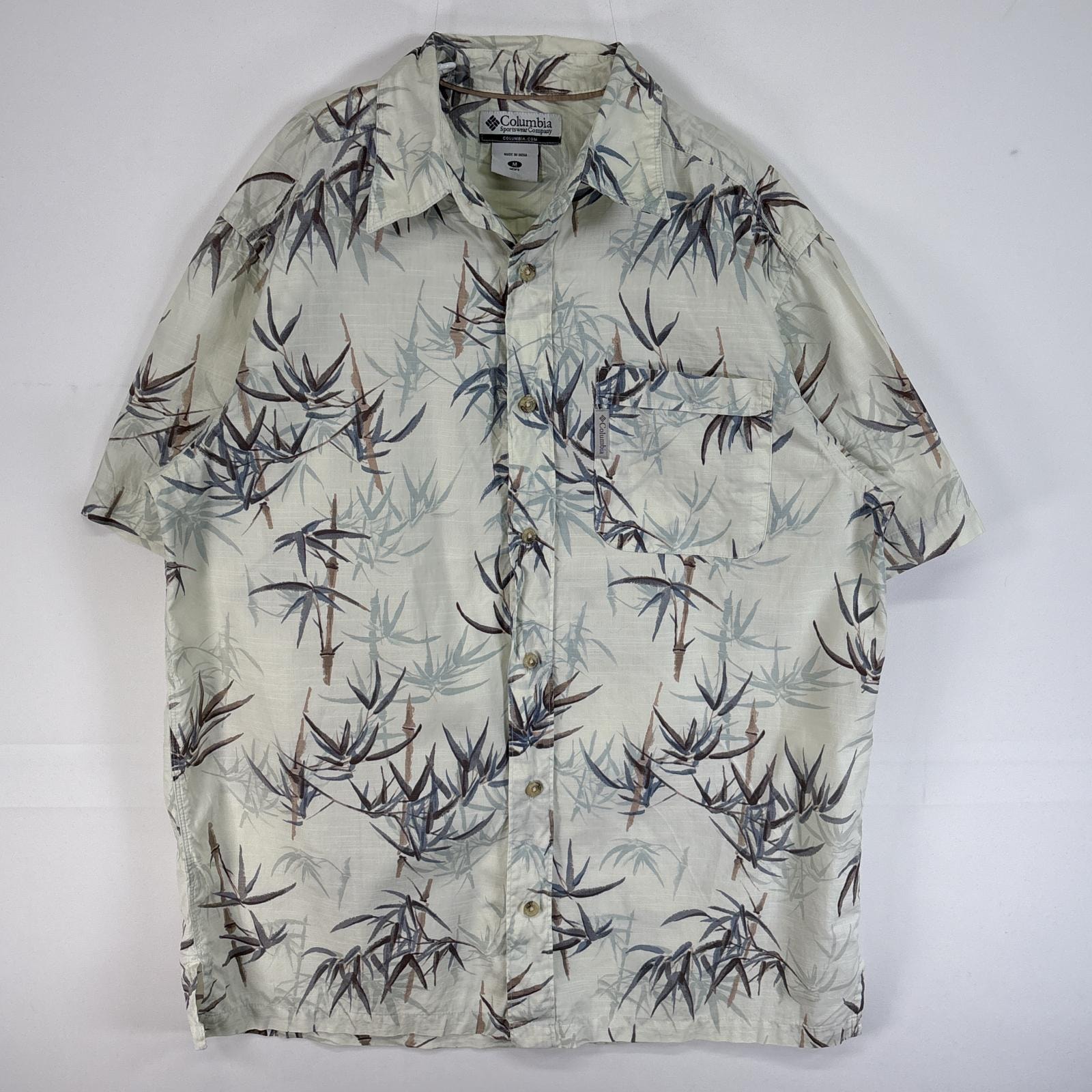 古着 コロンビア Columbia 半袖シャツ 胸ポケ ワンポイント ロゴ 植物 竹 バンブー M  グリーン系 総柄 メンズ