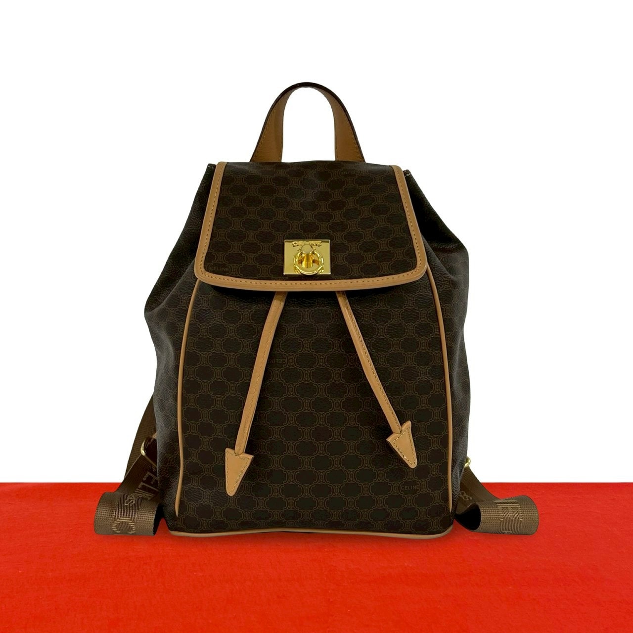 CELINE セリーヌ マカダム ブラゾン トリオンフ 柄 ロゴ リング金具 レザー PVC リュックサック ブラウン
 38566