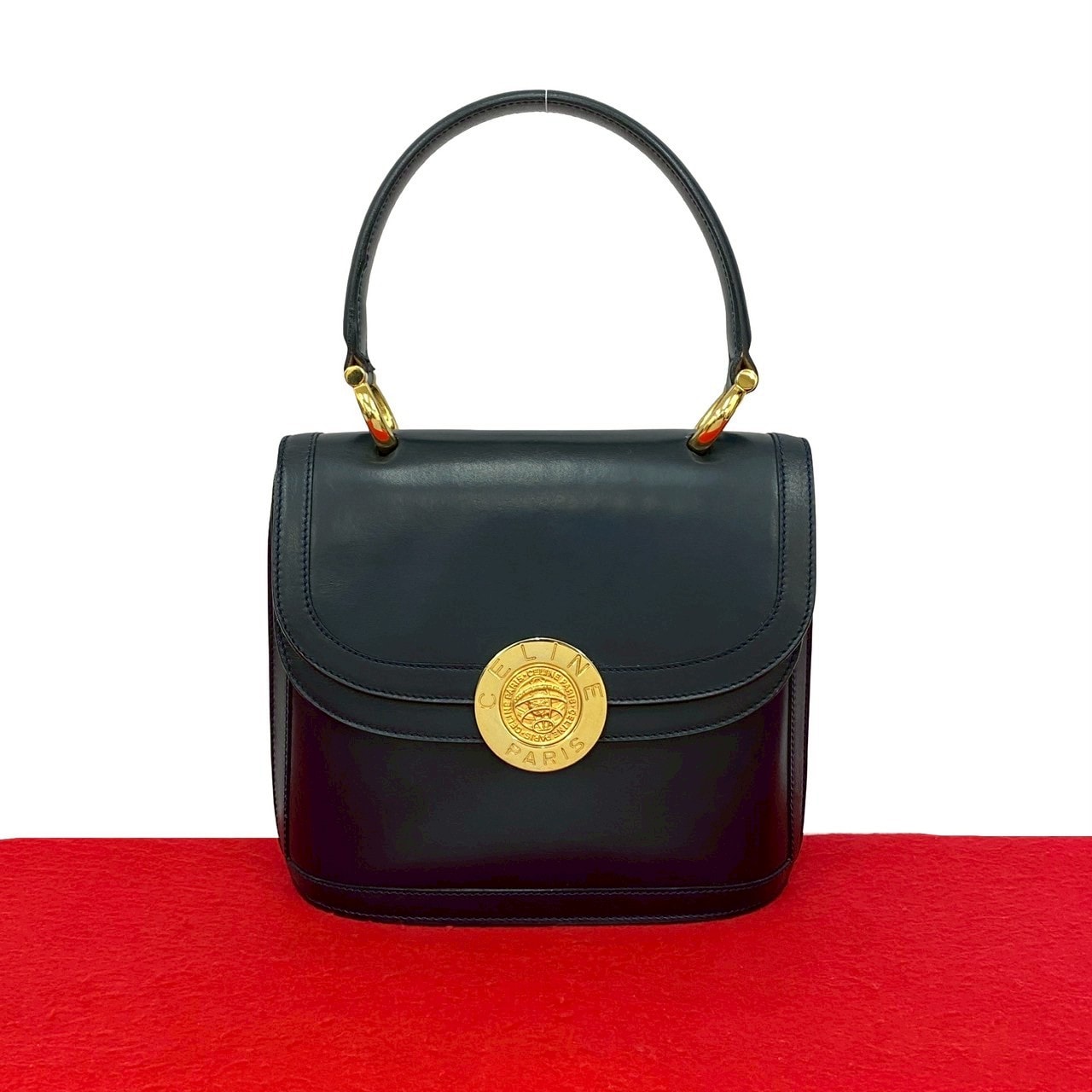 CELINE セリーヌ サークル 地球儀 ロゴ 金具 レザー ハンドバッグ ネイビー
 38942