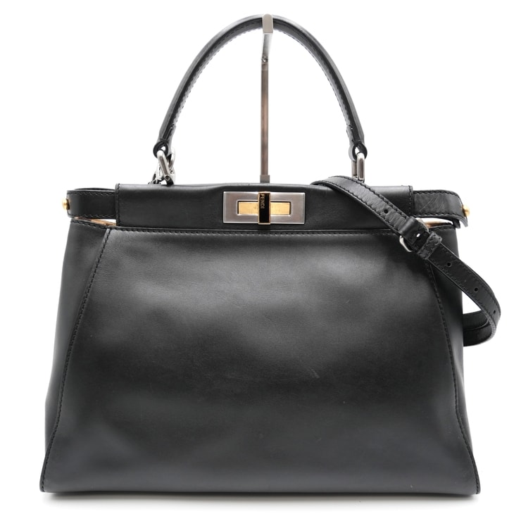 FENDI(フェンディ)ピーカブー 2WAY ハンドバッグ ショルダーバッグ ブラック レザー レオパード柄内装 レディース【中古】