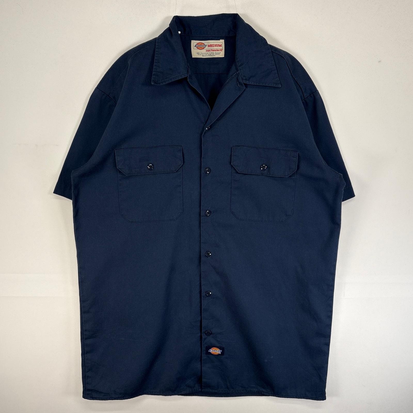 古着 ディッキーズ Dickies 半袖シャツ ワーク 作業着 フラップポケ ワンポイント ロゴ M  ネイビー 無地 メンズ