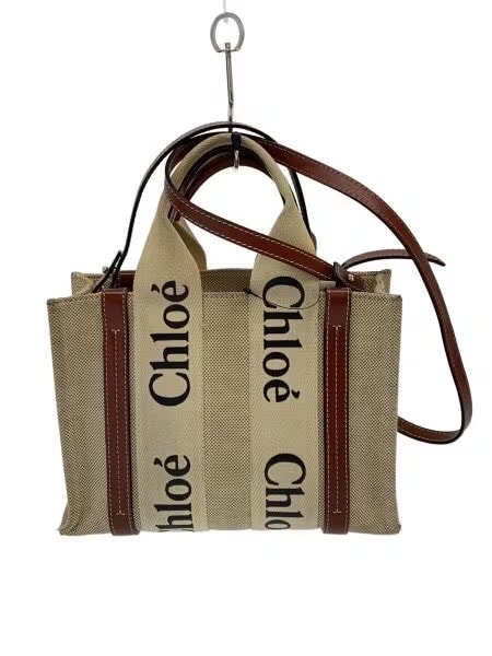 Chloe Woody Small Tote Bag in Linen "White/Brown"