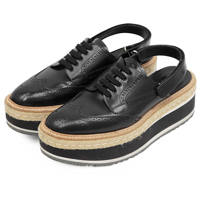 【SALE】PRADA プラダ プラットフォームサンダル サイズ 38 レディース エスパドリーユ クリーパー ブローグ ウィングチップ レザー × ジュート ベルクロ スリングバック 厚底 シューズ 革靴 ブラック 黒 イタリア製