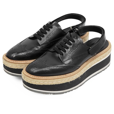 【SALE】PRADA プラダ プラットフォームサンダル サイズ 38 レディース エスパドリーユ クリーパー ブローグ ウィングチップ レザー × ジュート ベルクロ スリングバック 厚底 シューズ 革靴 ブラック 黒 イタリア製