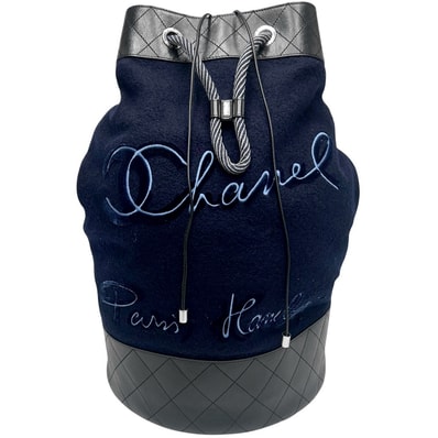 CHANEL シャネル ショルダーバッグ エンブロイダリー ドローストリングスリングバッグ キルティング ココマーク 肩掛け A57519 ウール レザー ネイビー 紺 シルバー金具 レディース【中古品】