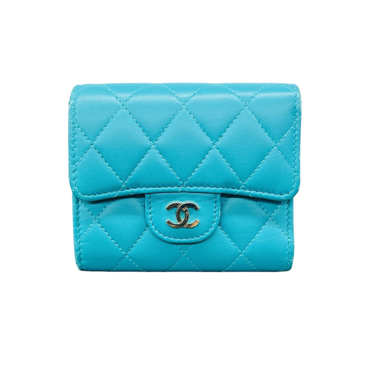CHANEL 美品 シャネル マトラッセ クラシック スモール フラップウォレット 三つ折り財布 ラムスキン A81900 レザー グリーン コンパクトウォレット ミニ タイムレス ABランク 中古 鑑定済 シャネル財布