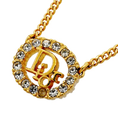 ★SALE【6jib0323】クリスチャンディオール ネックレス ディオールロゴ オーバル GPメッキ ラインストーン ゴールド【中古】レディース