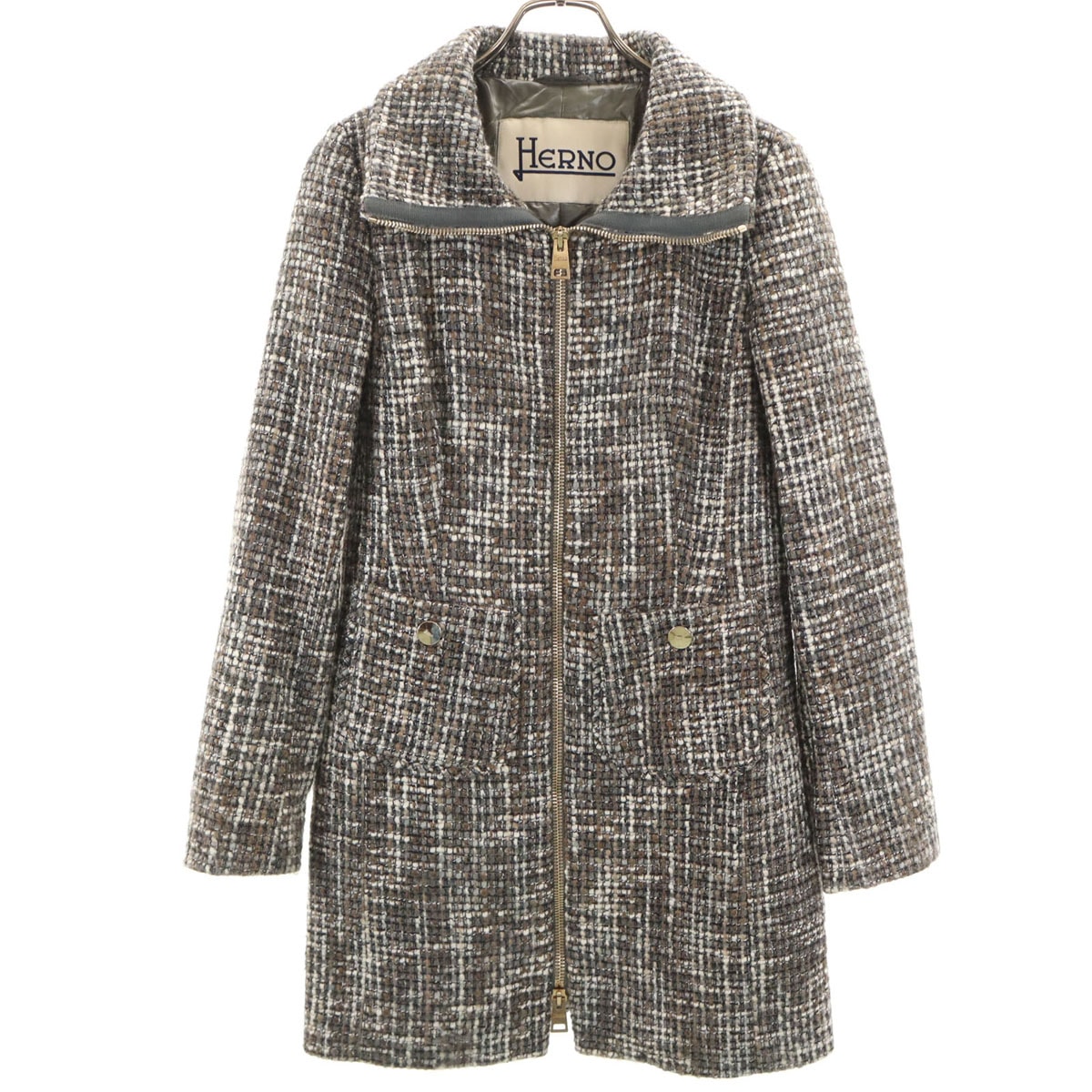 Herno ツイードコート グレー系 やや傷や汚れあり】Herno ヘルノ イタリア製 ツイード コート 40