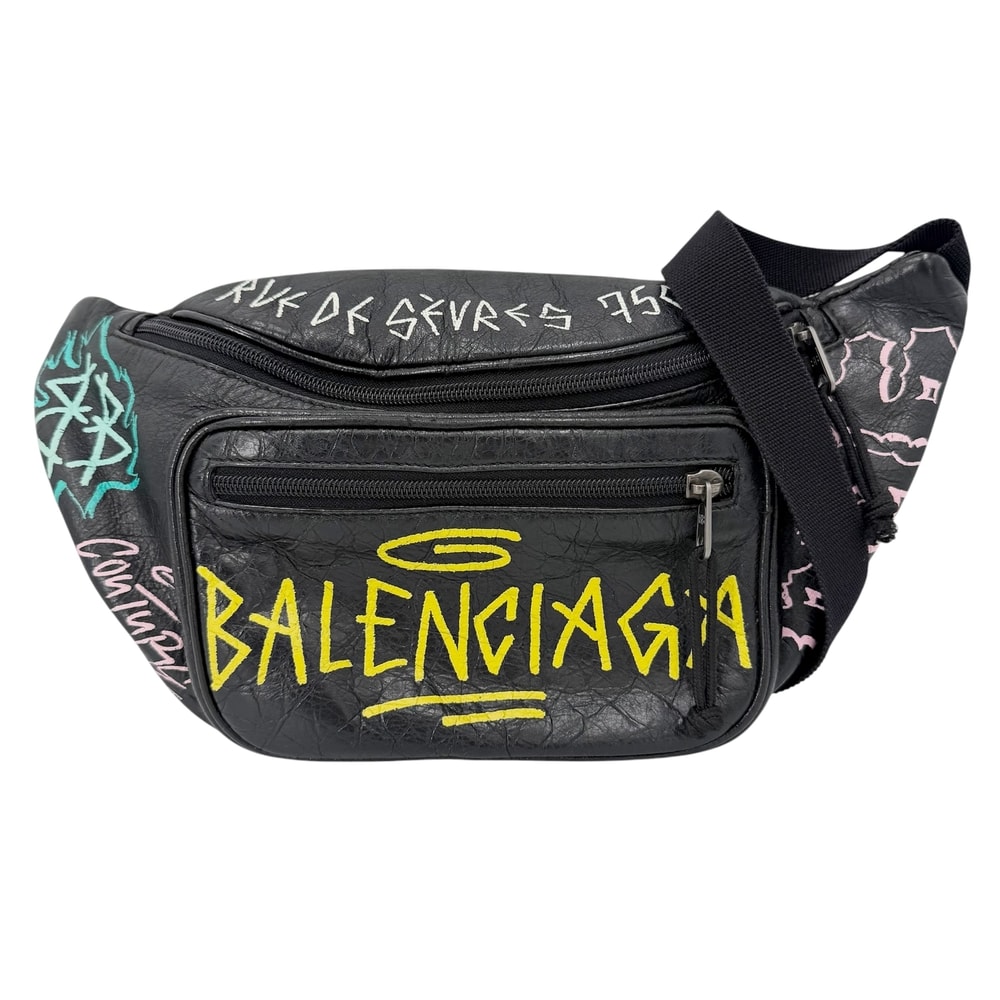 BALENCIAGA バレンシアガ ウエストバッグ エクスプローラー グラフィティ 肩掛け 斜め掛け 529550 カーフ    ブラック 黒 マルチカラー シルバー金具 メンズ【中古品】