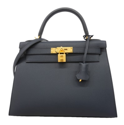 【6kd3882-g】エルメス ハンドバッグ ケリー28 ヴォーエプソン ブルーインディゴ ゴールド金具 B刻印 2wayバッグ【中古】レディース