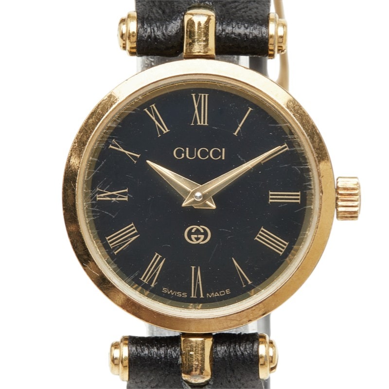 グッチ 腕時計 2000L クオーツ ブラック文字盤 ステンレススチール レザー レディース GUCCI 中古