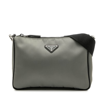 プラダ 三角ロゴプレート ショルダーバッグ 2VH113 グレー ブラック ナイロン レザー レディース PRADA 【中古】
