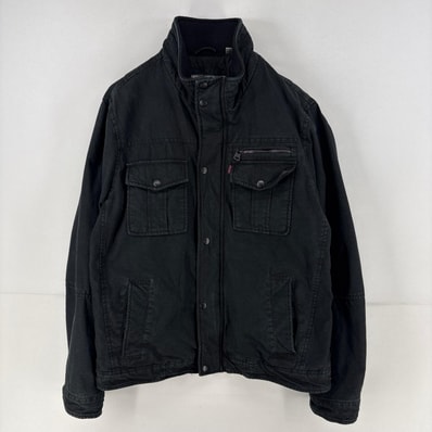 古着 リーバイス Levi's ジャケット 中綿 無地 フルジップ 胸ポケット デニム カバーオール M ブラック 無地 メンズ