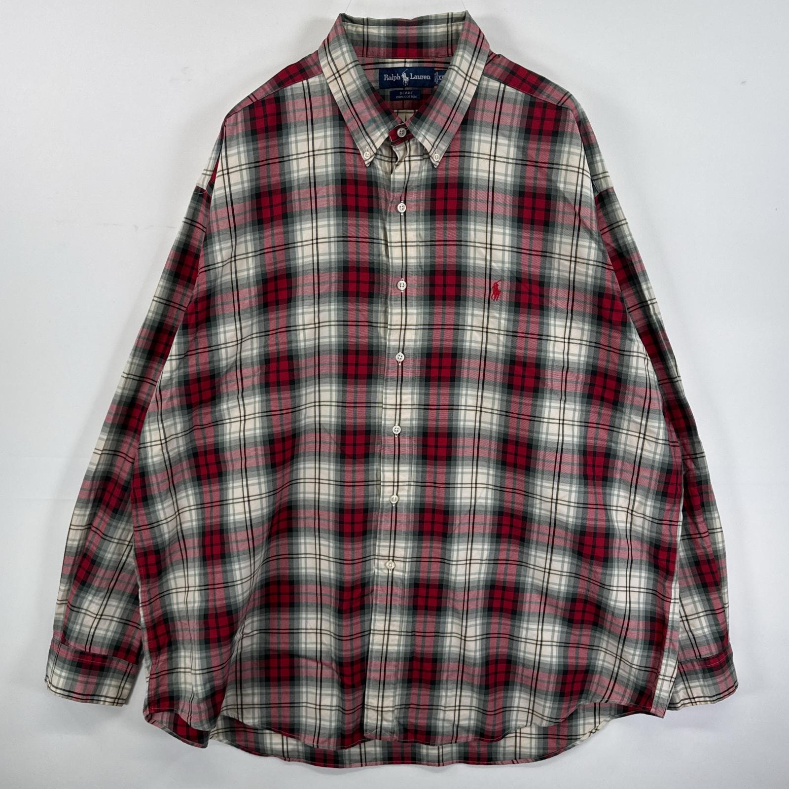 古着 ラルフローレン RALPH LAUREN 長袖シャツ オンブレ ボタンダウンシャツ 大きいサイズ ワンポイント 14041  レッド系 チェック メンズ
