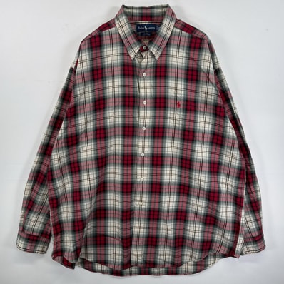 古着 ラルフローレン RALPH LAUREN 長袖シャツ オンブレ ボタンダウンシャツ 大きいサイズ ワンポイント 14041 レッド系 チェック メンズ