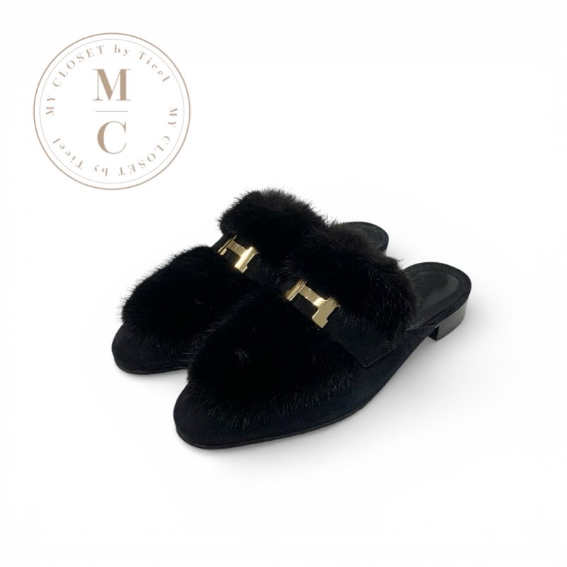 エルメス HERMES サンダル 靴 シューズ スエード ブラック ゴールド ファー H金具 ミュール フラットサンダル