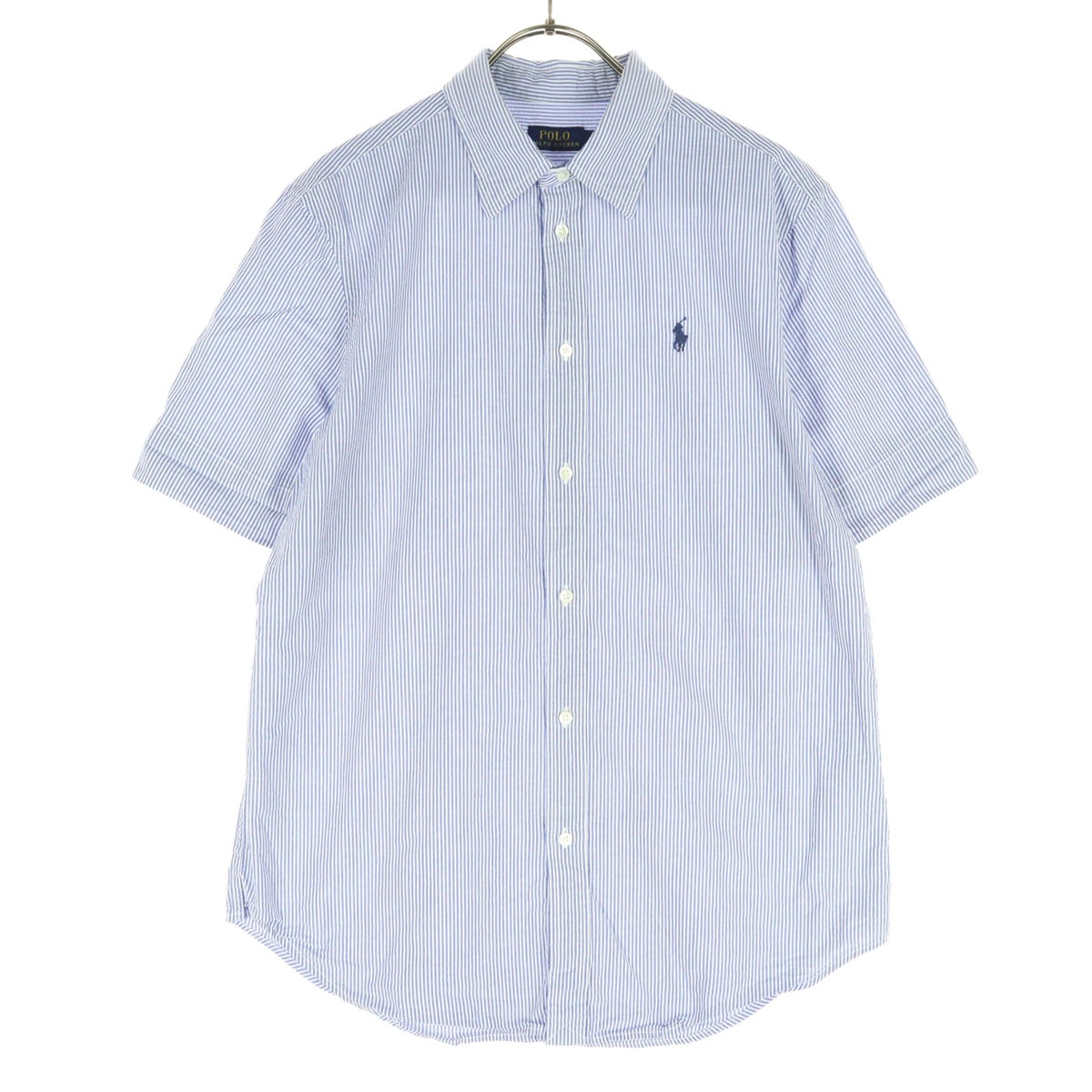 美品 POLO RALPH LAUREN ポロラルフローレン ワンポイントロゴ ストライプ柄 半袖 コットンシャツ M ライトブルー