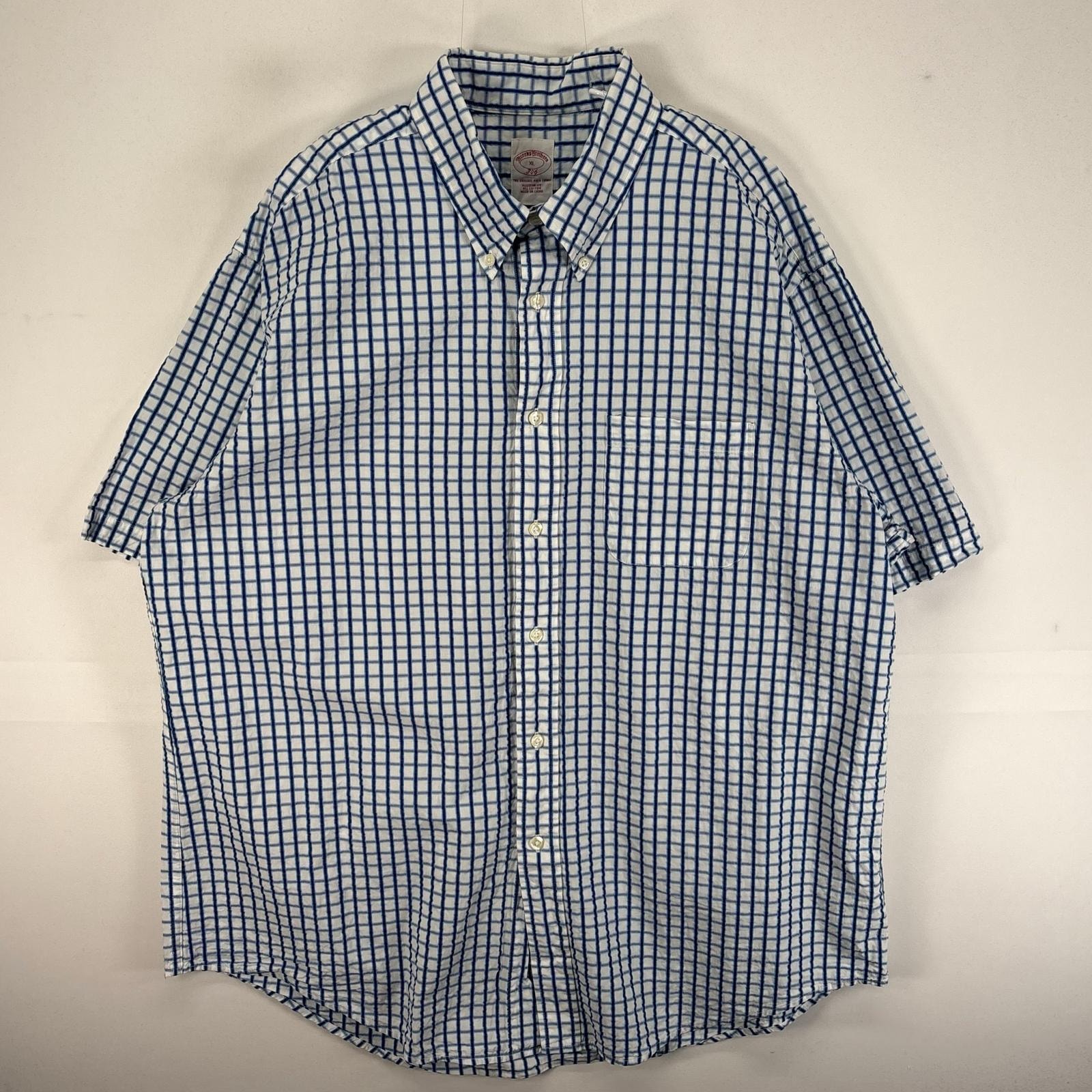 古着 ブルックスブラザーズ Brooks Brothers シアサッカー 半袖シャツ 胸ポケ ボタンダウン XL  ブルー系 チェック メンズ