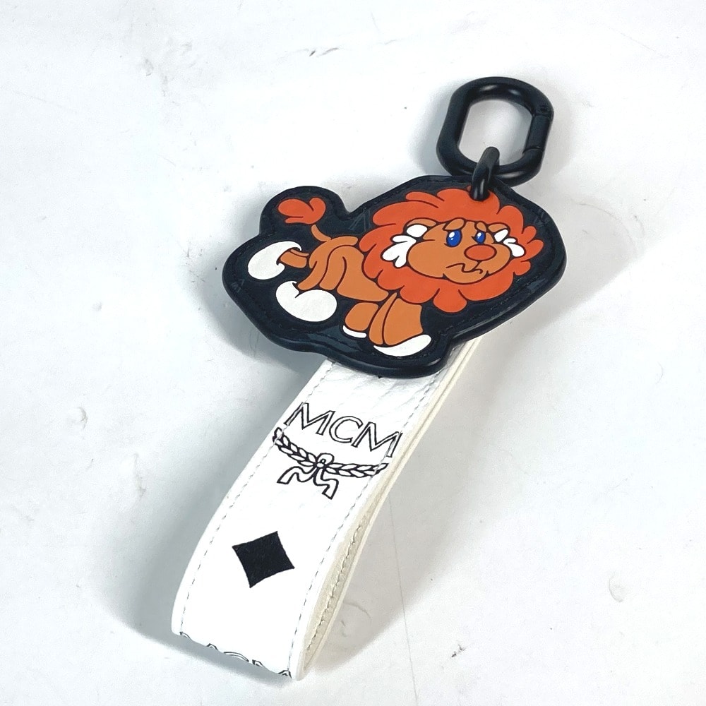 エムシーエム MCM ライオン ロゴ ヴィセトス バッグチャーム ストラップ キーホルダー レザー ホワイト 未使用