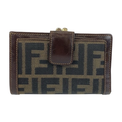 FENDI フェンディ ズッカ がま口 ブラウン ゴールド金具 キャンバス レザー/ 折り財布 コンパクトウォレット 600045 【中古】