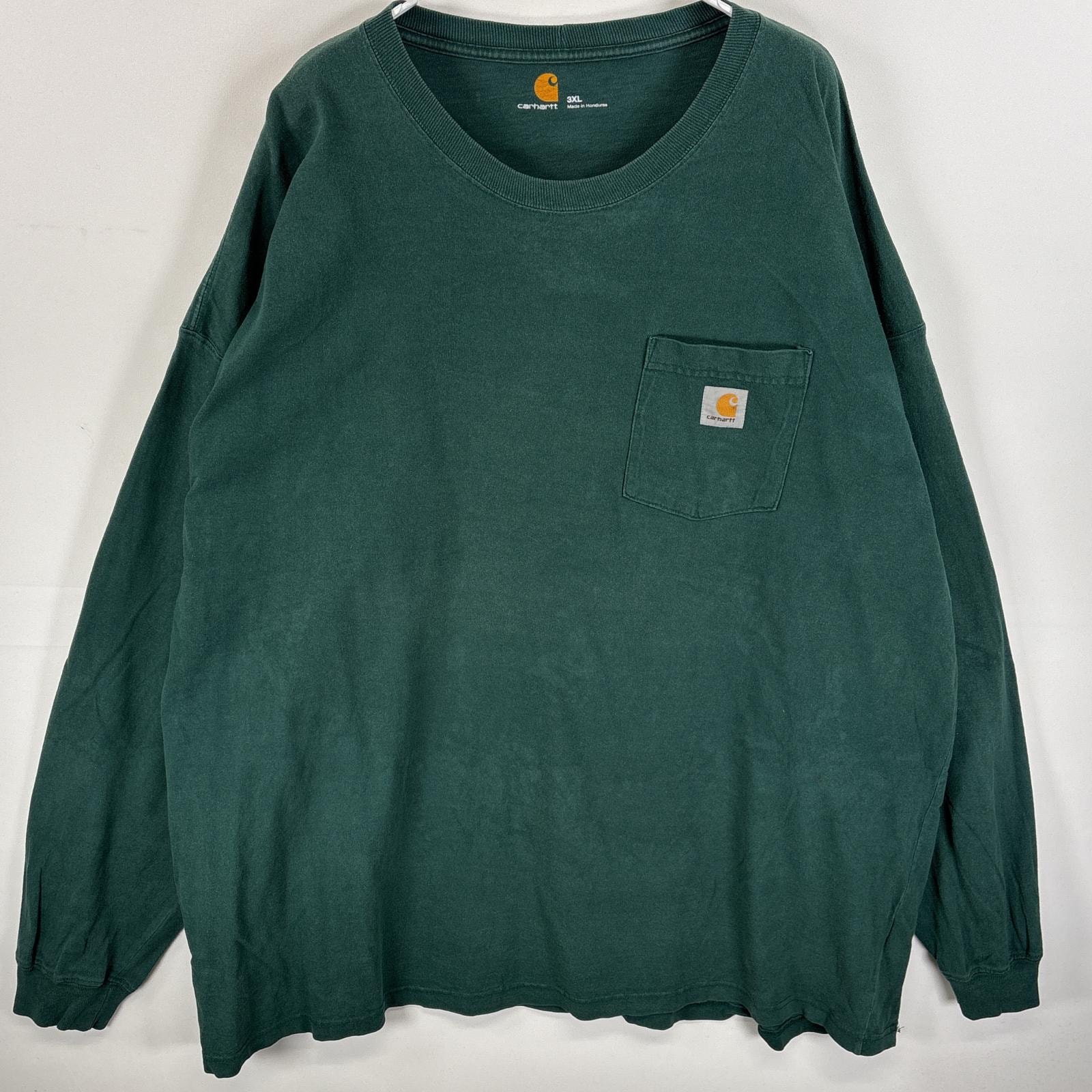 古着 カーハート Carhartt 長袖Tシャツ ワンポイント ロゴ 胸ポケ 肉厚 3XL グリーン 無地 メンズ