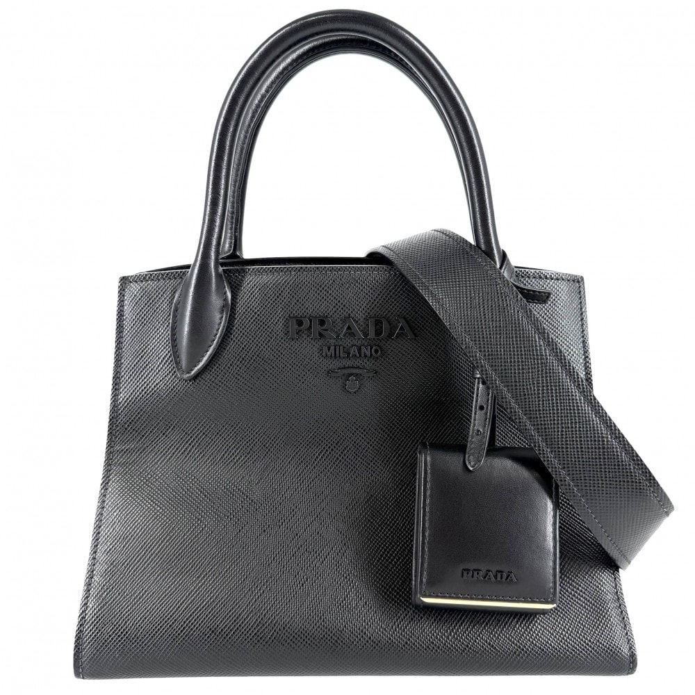 PRADA プラダ 2WAY トライアングルロゴ モノクローム ハンドバッグ ショルダーバッグ 肩掛け 斜め掛け 1BA156 レザー ブラック 黒 ゴールド金具 レディース【中古品】