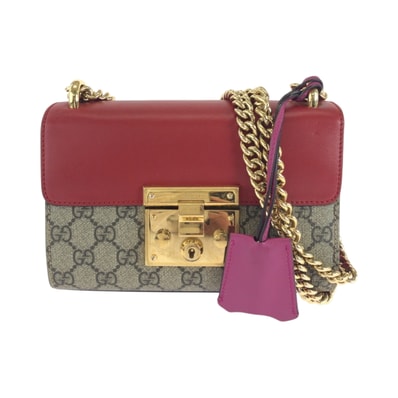 美品 GUCCI グッチ レディロック レッド ピンク ブラウン ゴールド金具 GGスプリームキャンバス チェーンショルダーバッグ ポシェット 502832 【中古】