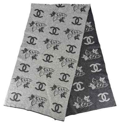 CHANEL シャネル マフラー ココマーク カメリア ファッションアイテム カシミヤ グレー レディース 秋 冬【中古品】