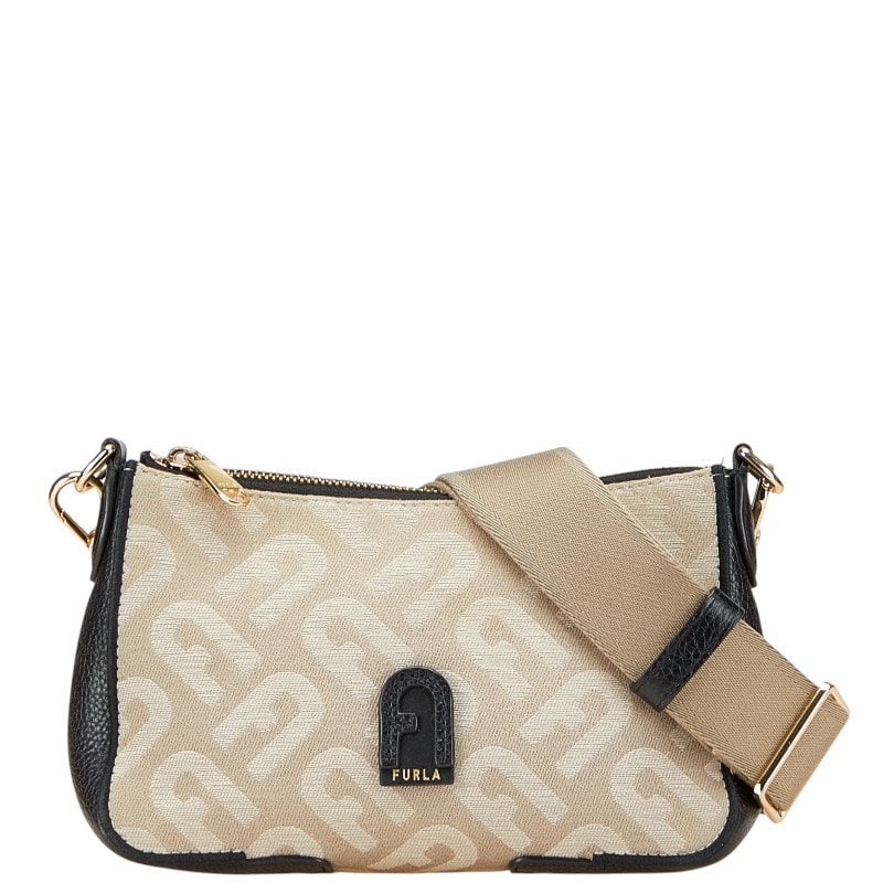 フルラ ショルダーバッグ グレージュ  ブラック キャンバス レザー レディース Furla 中古