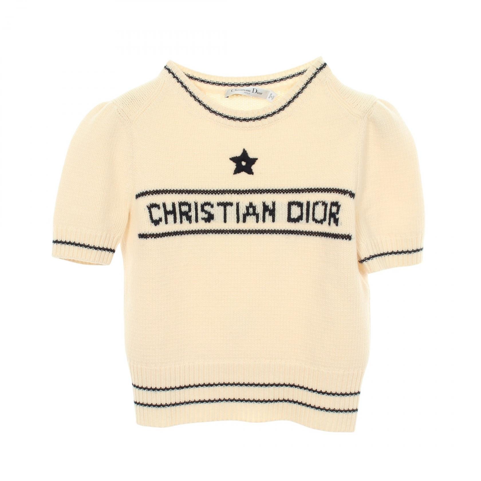 ディオール Dior ロゴ パフスリーブ 半袖 ニット 衣料品 トップス ウール カシミヤ レディース アイボリー系 / ネイビー系 【中古】