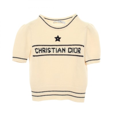 ディオール Dior ロゴ パフスリーブ 半袖 ニット 衣料品 トップス ウール カシミヤ レディース アイボリー系 / ネイビー系 【中古】