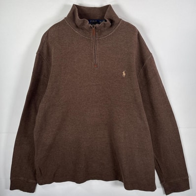古着 ポロ・ラルフローレン POLO RALPH LAUREN コットンニット ワンポイントロゴ刺繍 ハーフジップ ビッグサイズ 14041 ブラウン メンズ