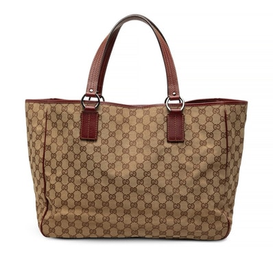グッチ GGキャンバス トートバッグ ショルダーバッグ 113022 ベージュ ワインレッド キャンバス レザー レディース GUCCI 中古