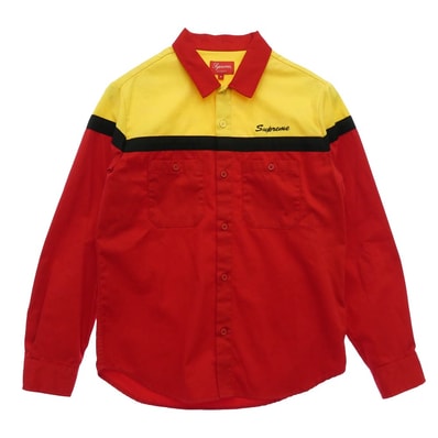 Supreme シュプリーム 17AW Color Blocked Work Shirt カラー ブロック ロゴ 総柄 プリント ワーク 長袖 シャツ レッド系 S【中古】