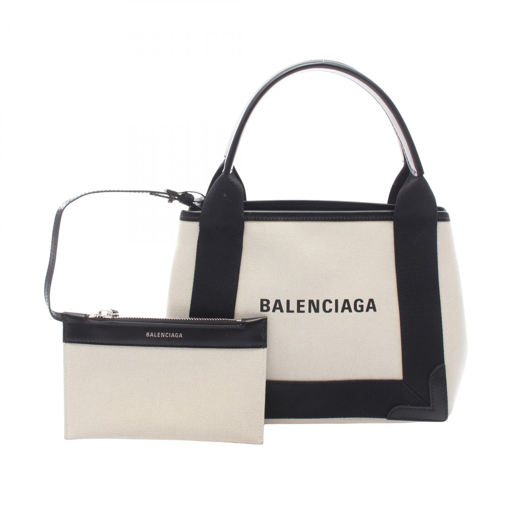 バレンシアガ BALENCIAGA ネイビーカバ XS ハンドバッグ バッグ キャンバス レザー レディース アイボリー系 / ブラック系 390346 【中古】