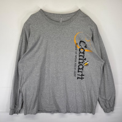 古着 カーハート Carhartt 長袖Tシャツ 袖ロゴプリント クルーネック 大きいサイズ ロンT 2XLTALL グレー メンズ