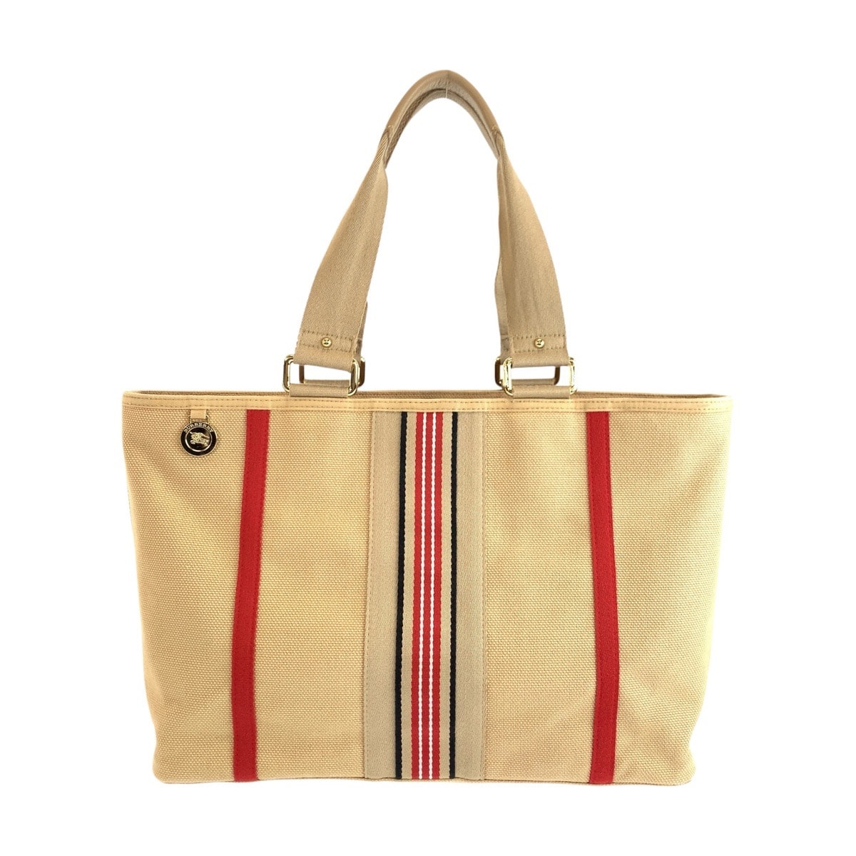 美品 BURBERRY バーバリー ベージュ レッド ゴールド金具 キャンバス トートバッグ ハンドバッグ 603165 【中古】