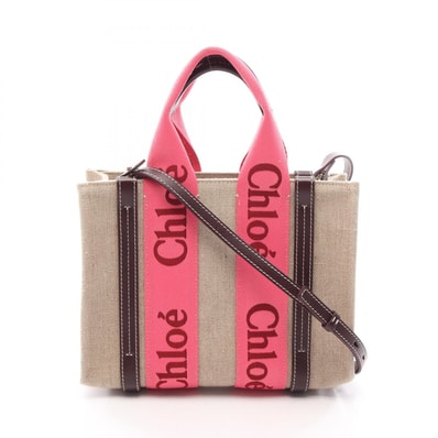 クロエ Chloe WOODY ウッディ スモール 2WAY トートバッグ バッグ キャンバス レザー レディース ベージュ系 / ピンク系 / ブラウン系 CHC23AS397 L17 9R5 【中古】