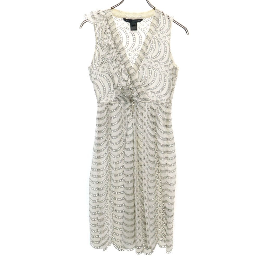 MARC BY MARC JACOBS マークバイマークジェイコブス 総柄 ノースリーブ 膝丈ワンピース ホワイト×グレー