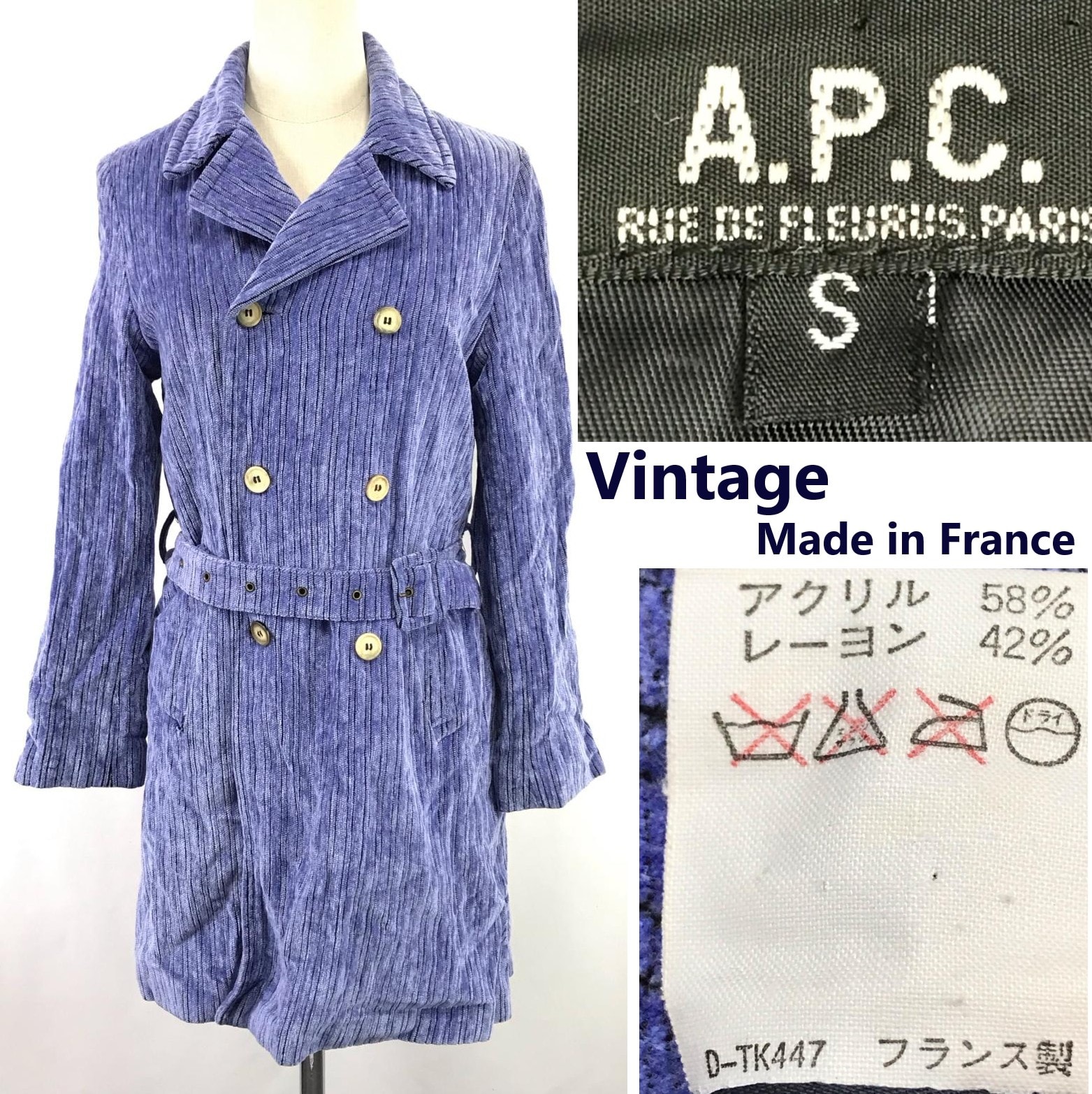 美品/80s-90s/Vintage/フランス製★A.P.C./アーペーセー★パイル地/トレンチコート【レディースS/紫/purple/ストライプ】ダブルブレスト/jacket◆BJ038-f