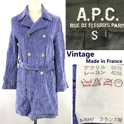美品/80s-90s/Vintage/フランス製★A.P.C./アーペーセー★パイル地/トレンチコート【レディースS/紫/purple/ストライプ】ダブルブレスト/jacket◆BJ038-f