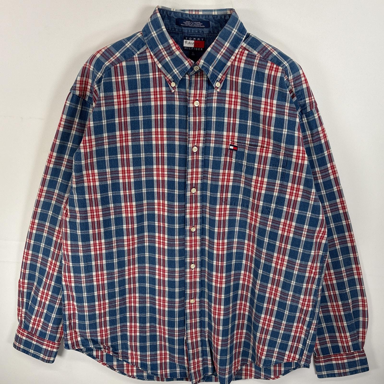 古着 90's/90年代 トミーヒルフィガー TOMMY HILFIGER 長袖シャツ ボタンダウンシャツ ワンポインロゴ 刺繍 厚手 L  ブルー系 チェック メンズ