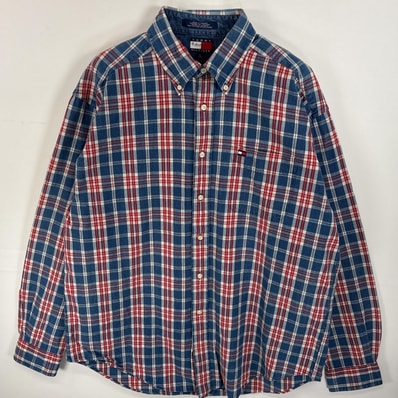 古着 90's/90年代 トミーヒルフィガー TOMMY HILFIGER 長袖シャツ ボタンダウンシャツ ワンポインロゴ 刺繍 厚手 L ブルー系 チェック メンズ