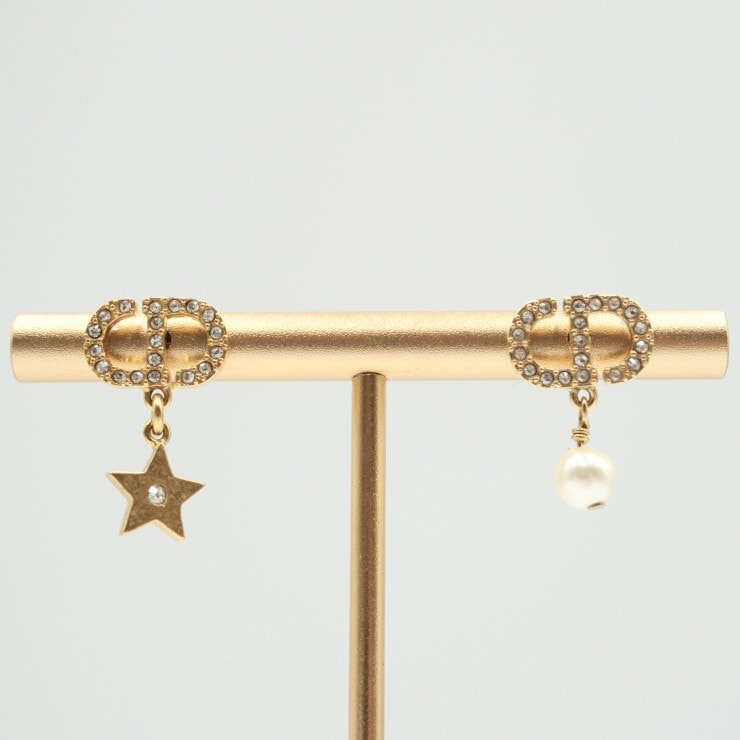 DIOR(ディオール)Petit CD Lucky Charms ピアス ゴールドカラー ラインストーン パール スター モチーフ アシンメトリー レディース 【中古】