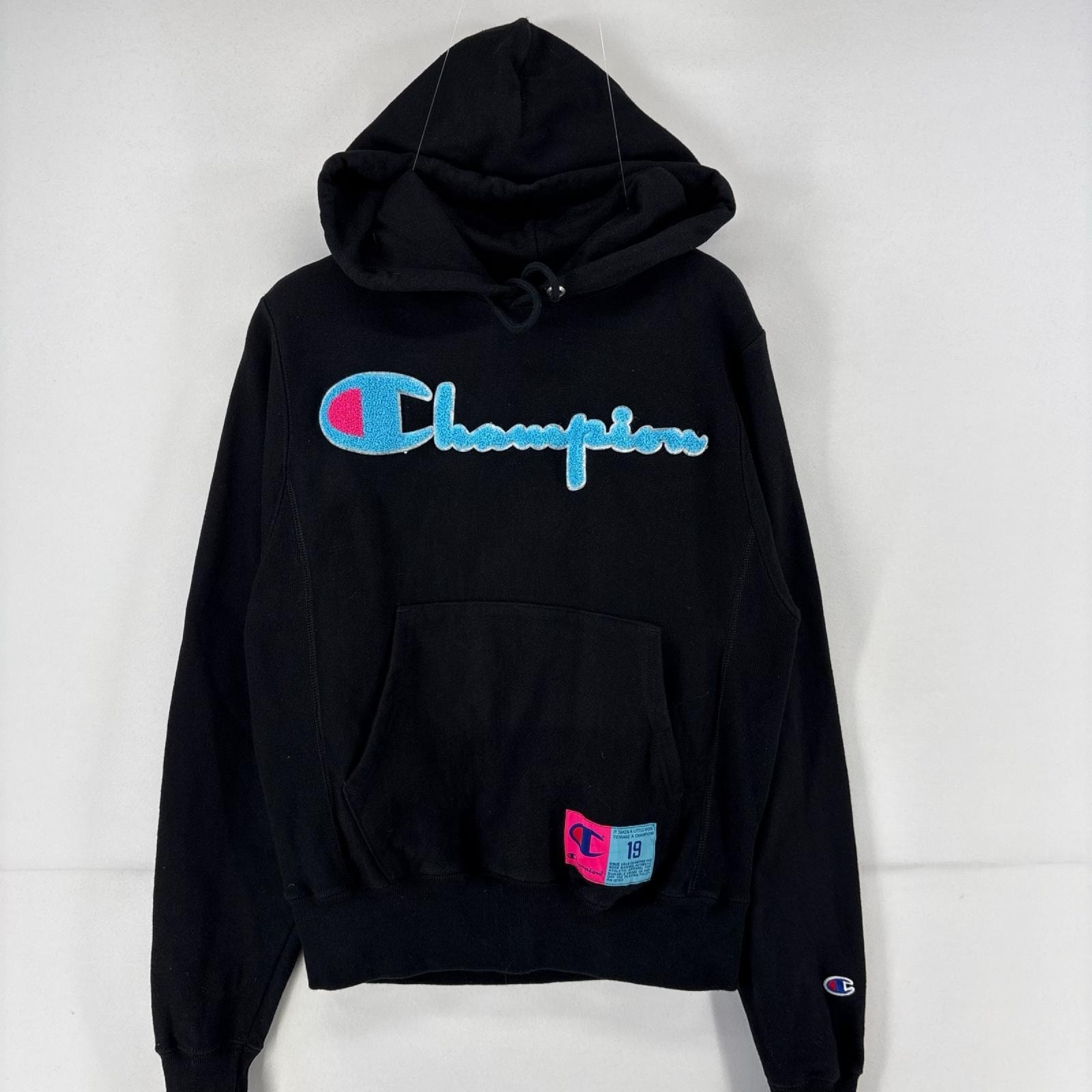古着 チャンピオン Champion パーカー プルオーバー ロゴ リバースウィーブ スウェット XS  ブラック メンズ