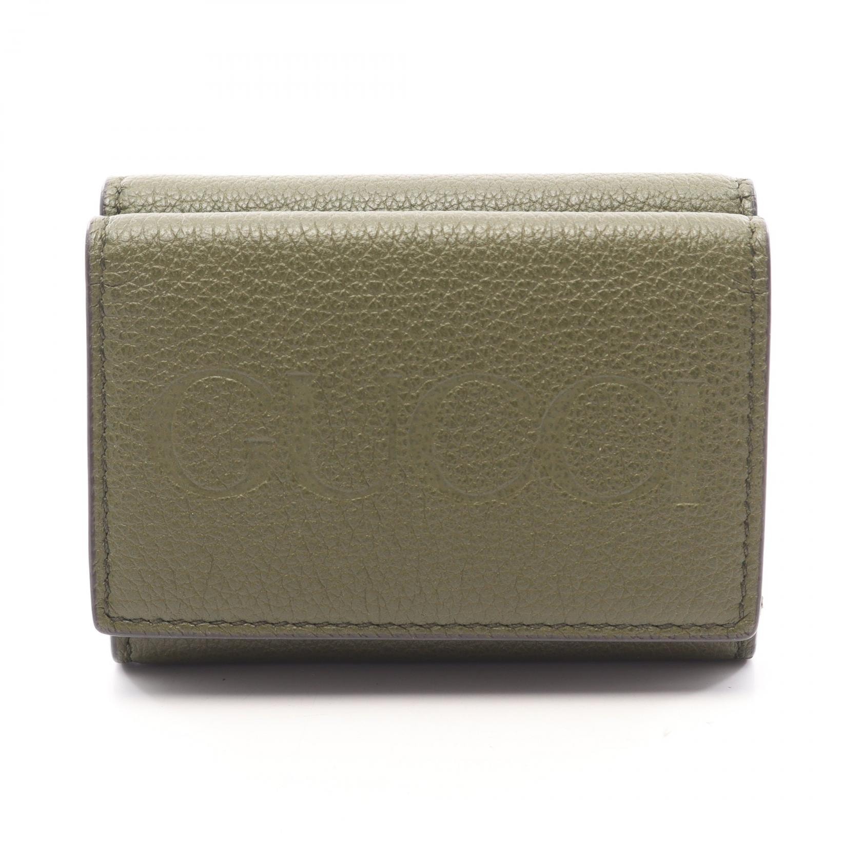 グッチ GUCCI ミニウォレット ロゴ 三つ折り財布 財布 レザー レディース カーキ系 736151 【中古】