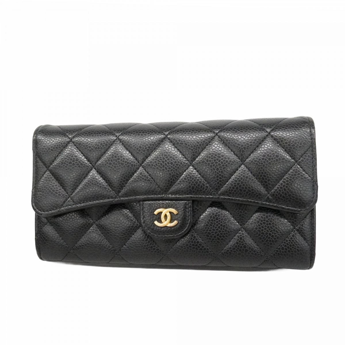 【6ce6023-k】シャネル 長財布 マトラッセ キャビアスキン ブラック ゴールド金具【中古】レディース