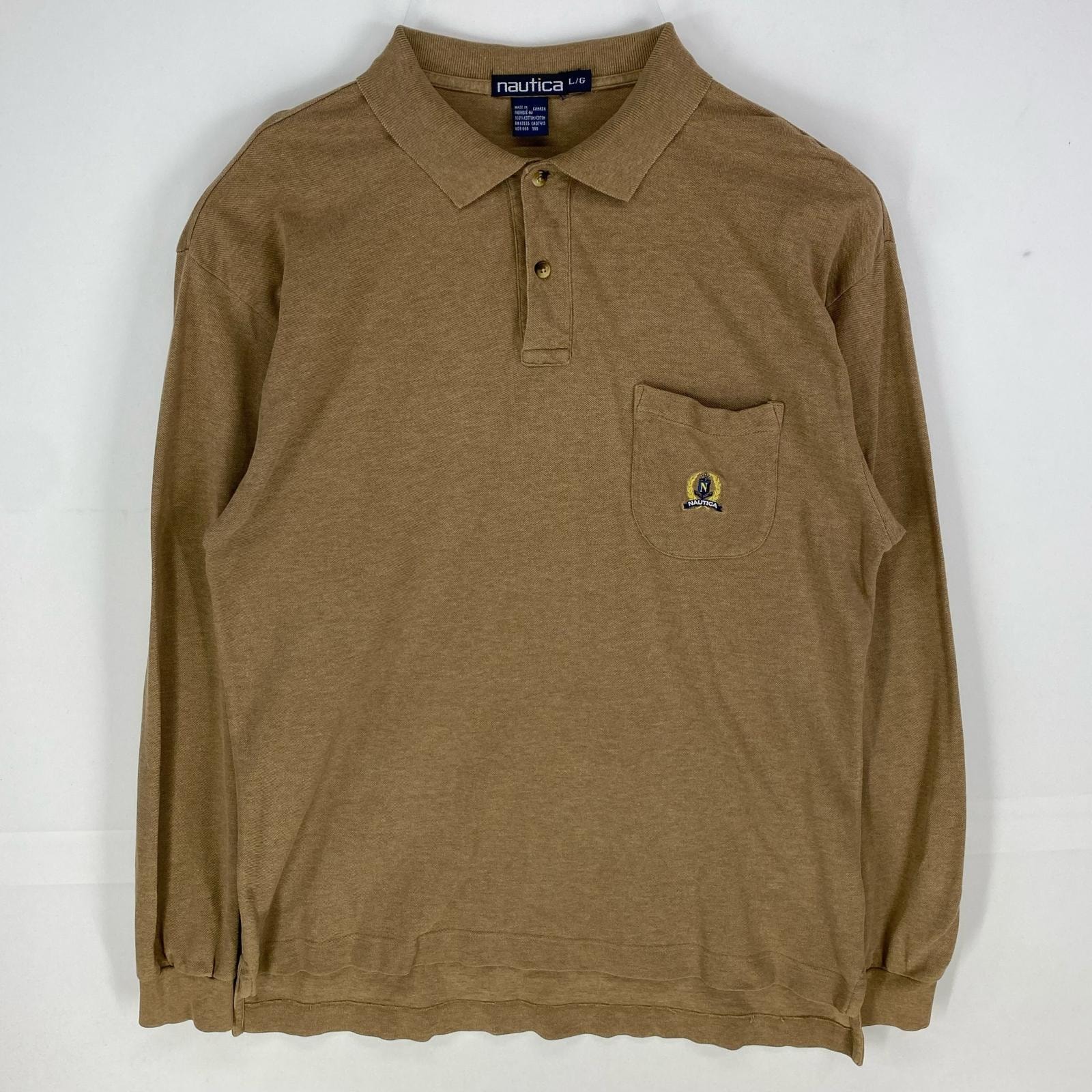 古着 90's/90年代 ノーティカ NAUTICA 鹿の子 長袖シャツ ワンポイント 胸ポケット ポロシャツ L  ブラウン系 メンズ