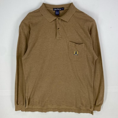 古着 90's/90年代 ノーティカ NAUTICA 鹿の子 長袖シャツ ワンポイント 胸ポケット ポロシャツ L ブラウン系 メンズ